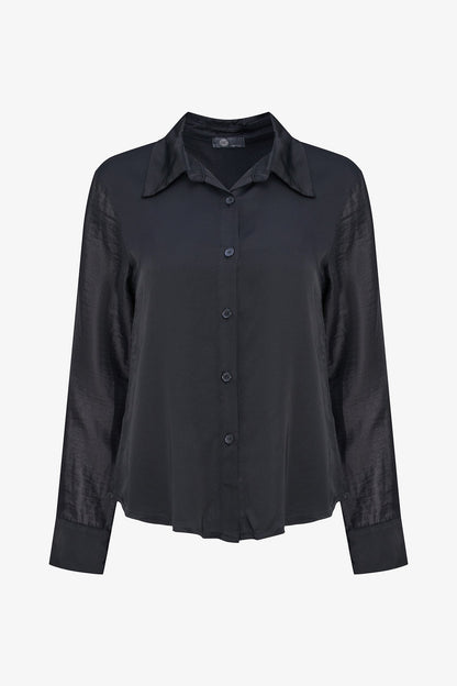 Women's Button-Down Shirt with Satin Body & Semi-Sheer Sleeves