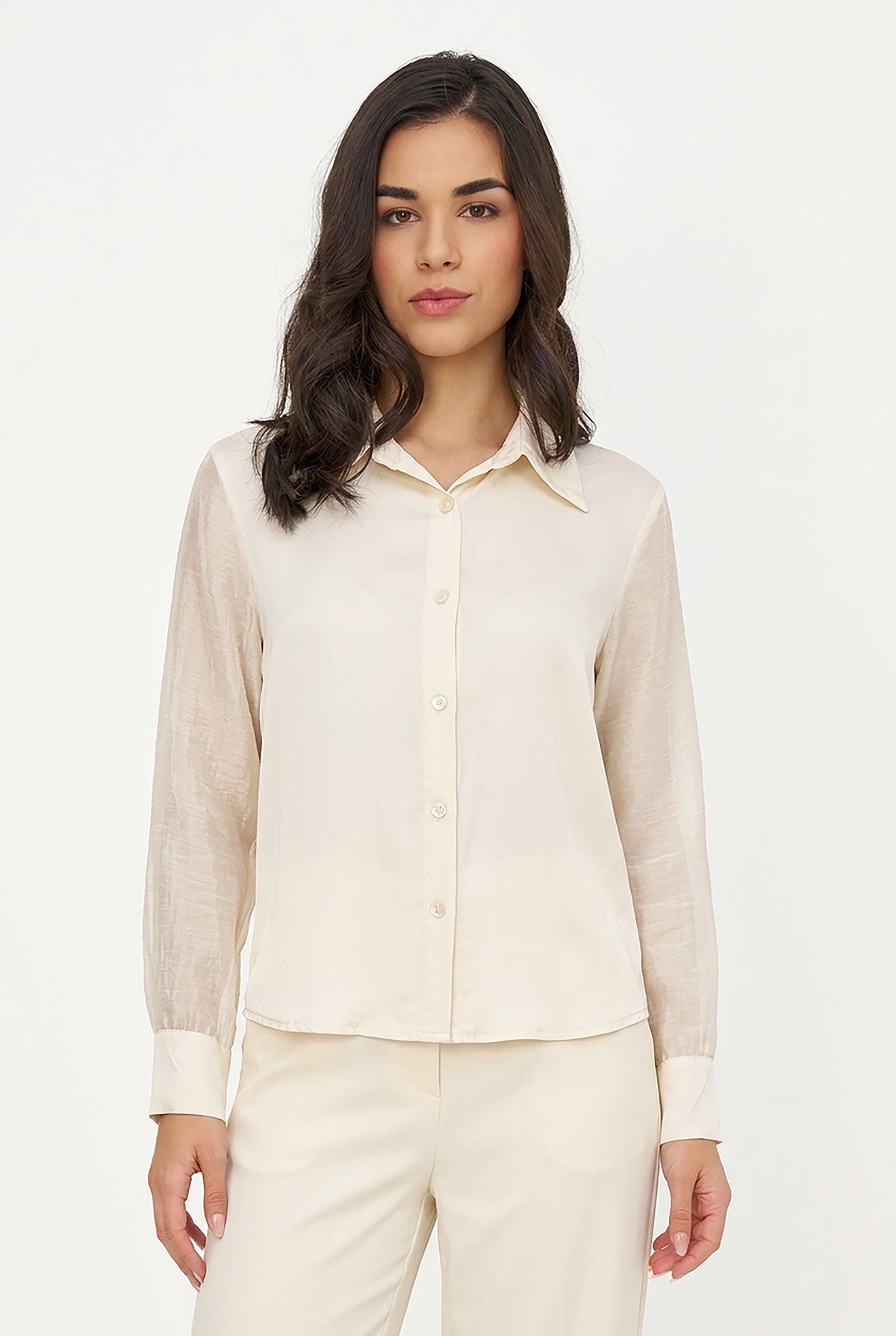 Women's Button-Down Shirt with Satin Body & Semi-Sheer Sleeves