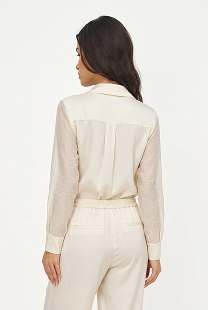 Women's Button-Down Shirt with Satin Body & Semi-Sheer Sleeves
