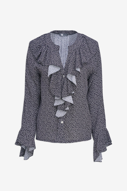 Women's Printed Button-Down Shirt with Ruffled Front, Collar & Cuffs
