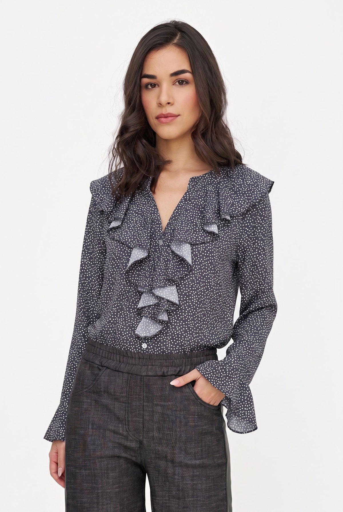 Women's Printed Button-Down Shirt with Ruffled Front, Collar & Cuffs