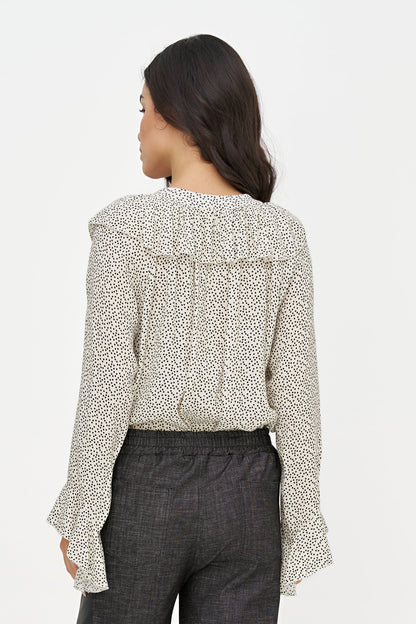 Women's Printed Button-Down Shirt with Ruffled Front, Collar & Cuffs