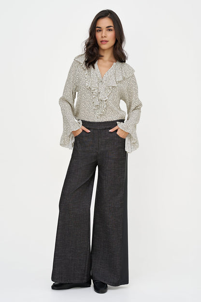 Women's Printed Button-Down Shirt with Ruffled Front, Collar & Cuffs