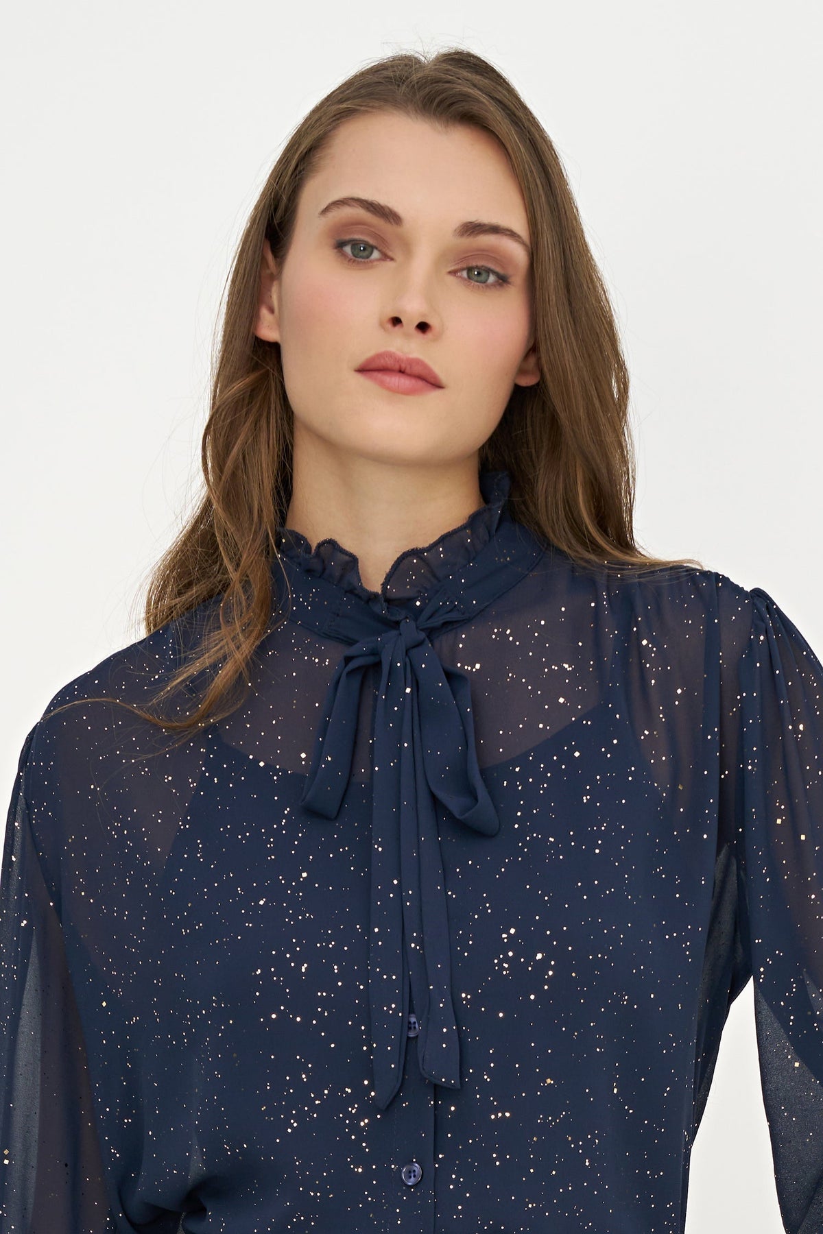 Women's Foil-Print Button-Down Shirt, Tie-Bow Collar & Removable Cami