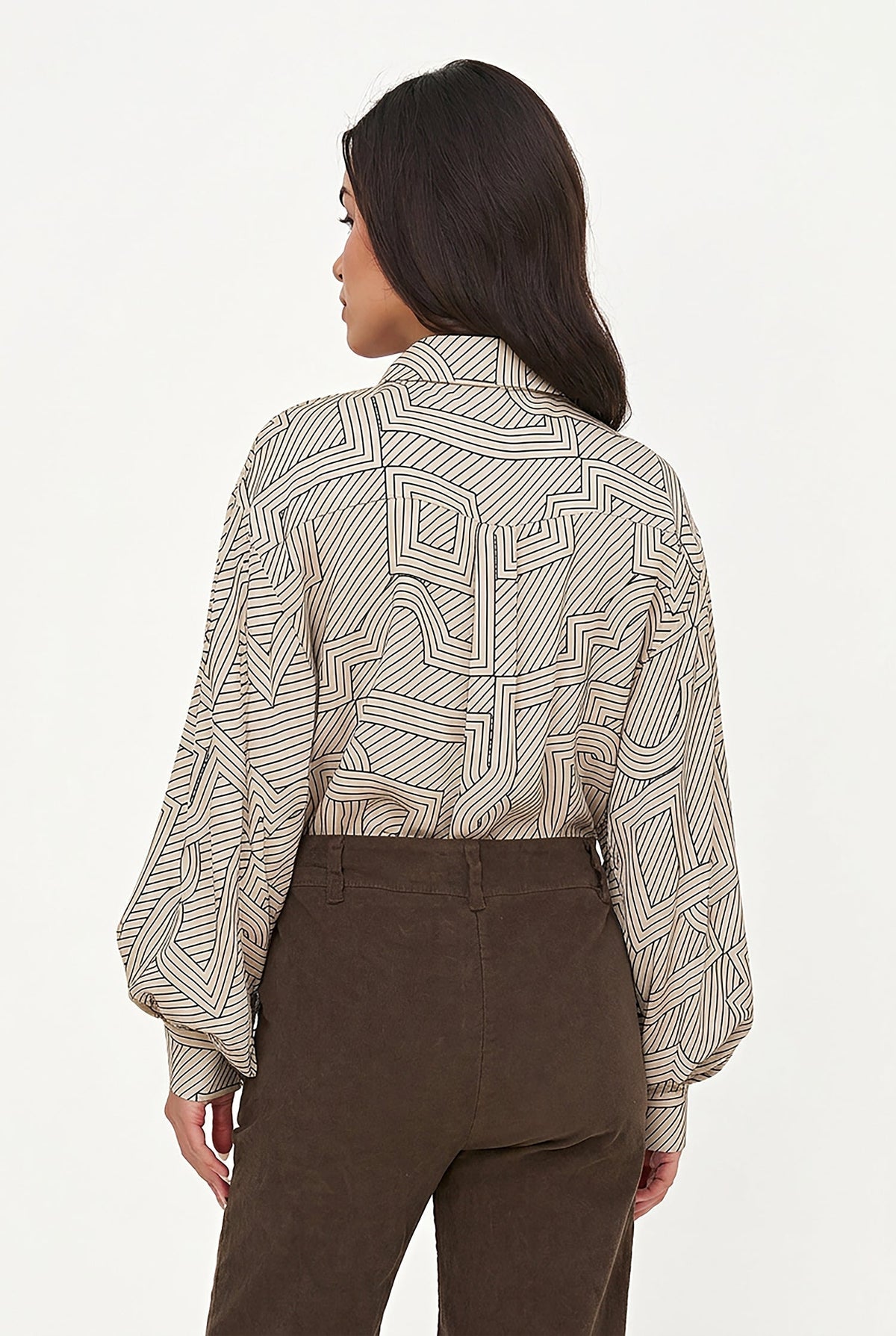 Women's Printed Button-Down Shirt with Long Sleeves Puffed at Cuffs
