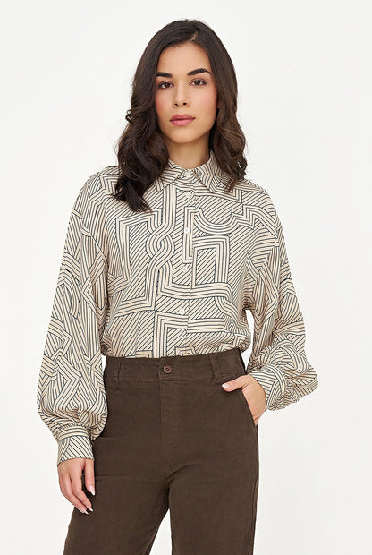 Women's Printed Button-Down Shirt with Long Sleeves Puffed at Cuffs