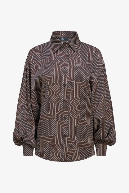 Women's Printed Button-Down Shirt with Long Sleeves Puffed at Cuffs