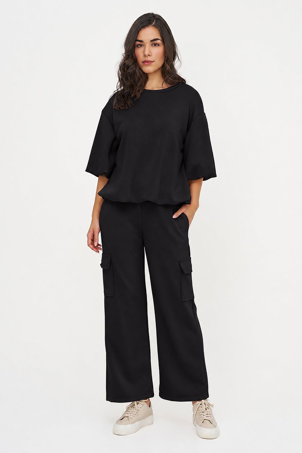 Women's Crew-Neck Sweatshirt, Elbow-Length Bubble Sleeves & Bubble Hem