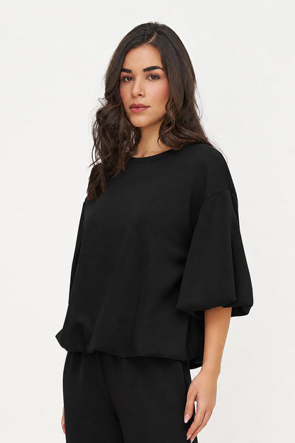 Women's Crew-Neck Sweatshirt, Elbow-Length Bubble Sleeves & Bubble Hem