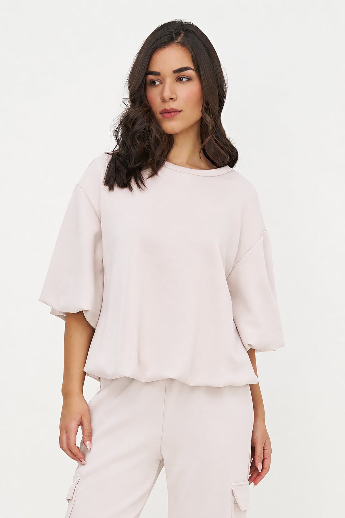 Women's Crew-Neck Sweatshirt, Elbow-Length Bubble Sleeves & Bubble Hem