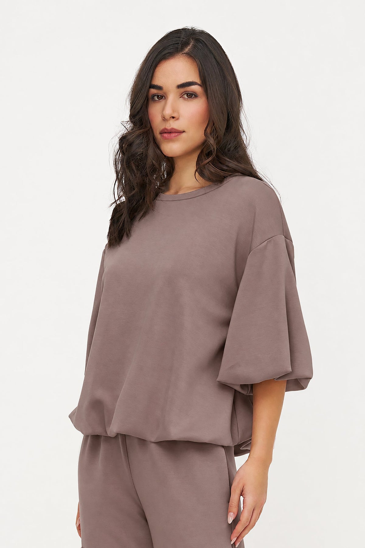 Women's Crew-Neck Sweatshirt, Elbow-Length Bubble Sleeves & Bubble Hem