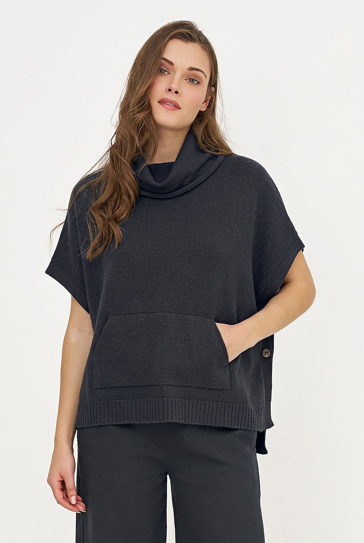 Women's Cowl Turtleneck Poncho with Side Buttons & Kangaroo Pocket