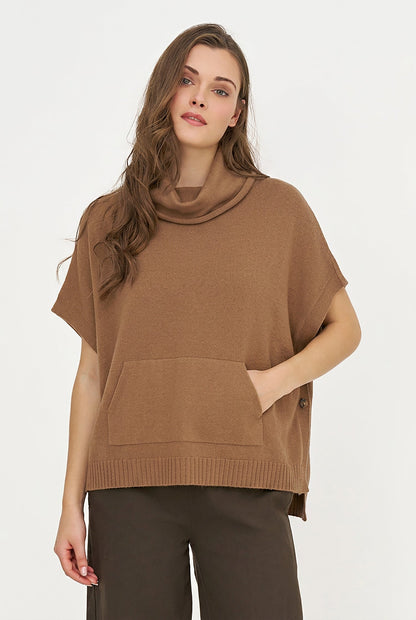 Women's Cowl Turtleneck Poncho with Side Buttons & Kangaroo Pocket