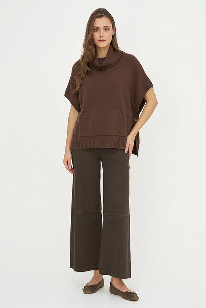 Women's Cowl Turtleneck Poncho with Side Buttons & Kangaroo Pocket