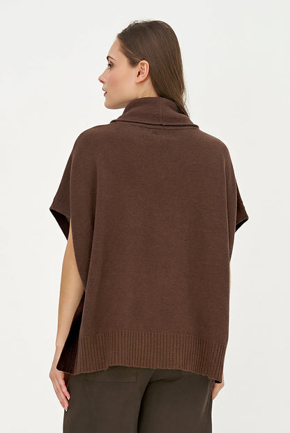 Women's Cowl Turtleneck Poncho with Side Buttons & Kangaroo Pocket