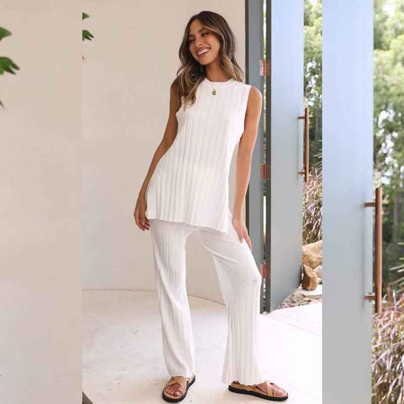 Women’s Ice Silk Knitted Sweater & Wide-Leg Pants Two-Piece Set – Casual Lounge Outfit