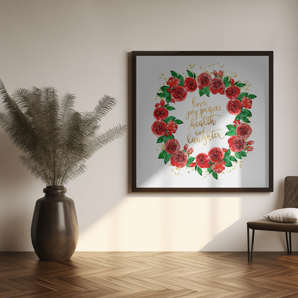 Wandbild Weihnachtswünsche Kranz aus roten englischen Rosen