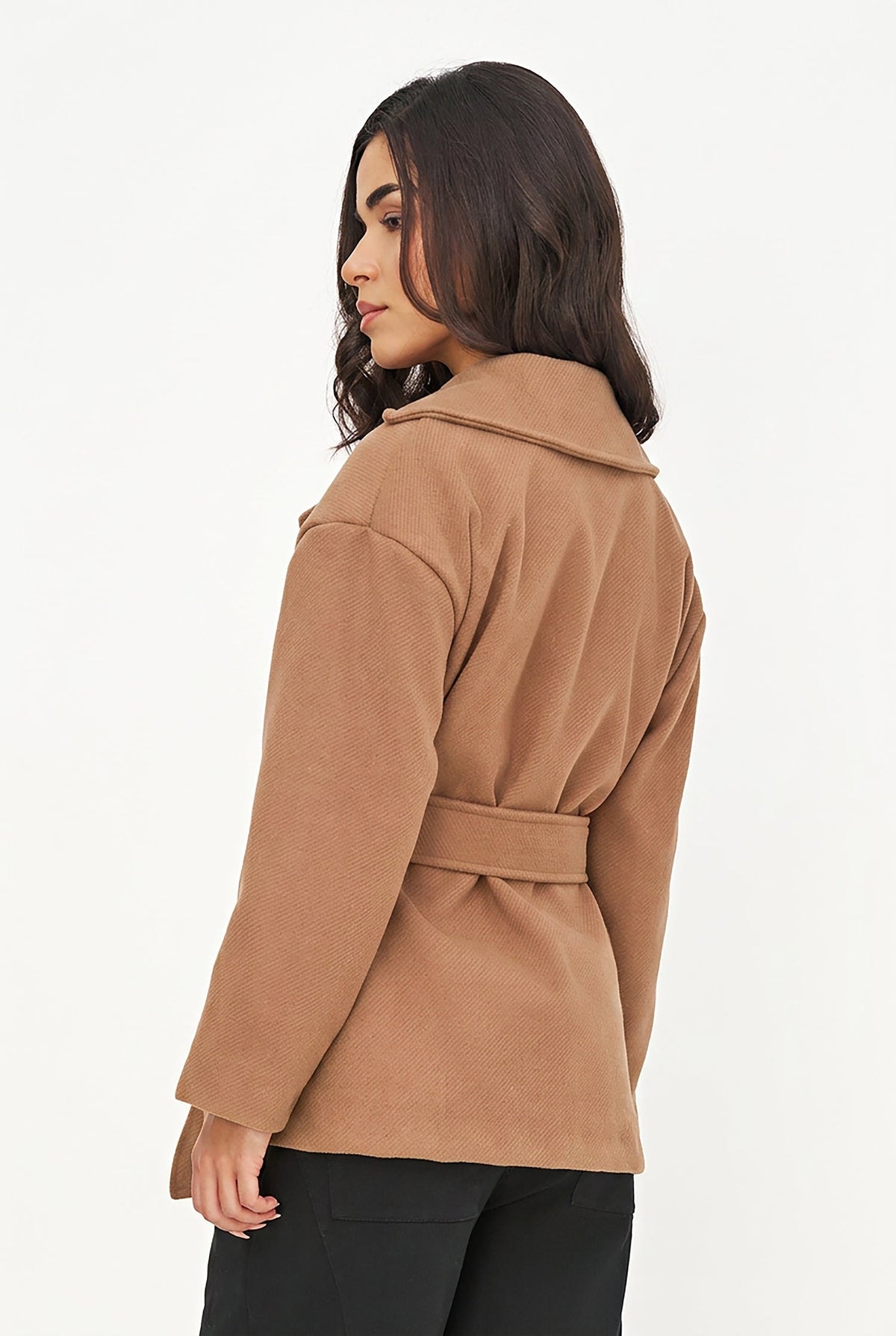 Women's Double-Breasted Coat, Lapel Collar, Flaps & Removable Belt