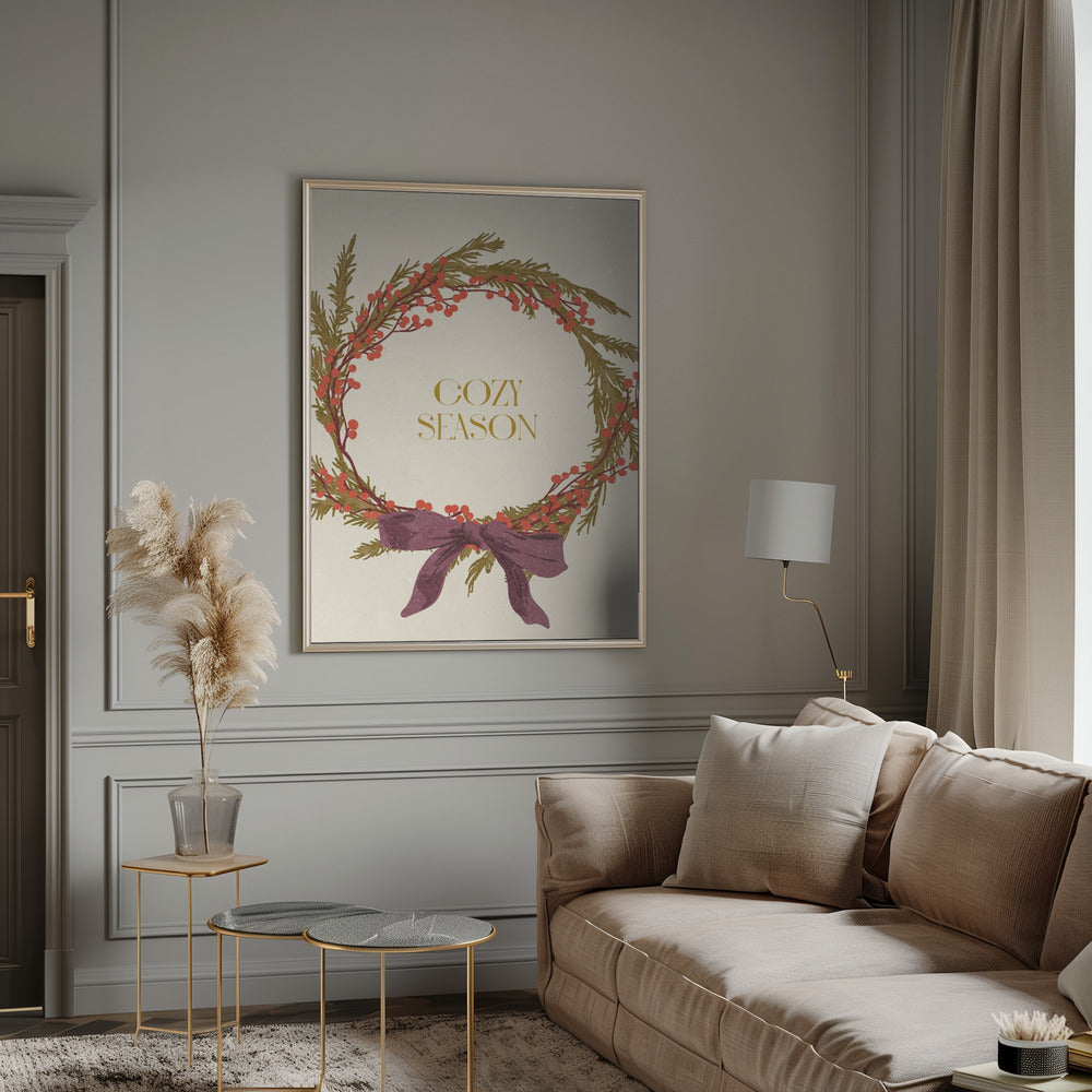 Wandbild Gemütliche Saison. Weihnachtskranz mit Schleife Leinwandbild