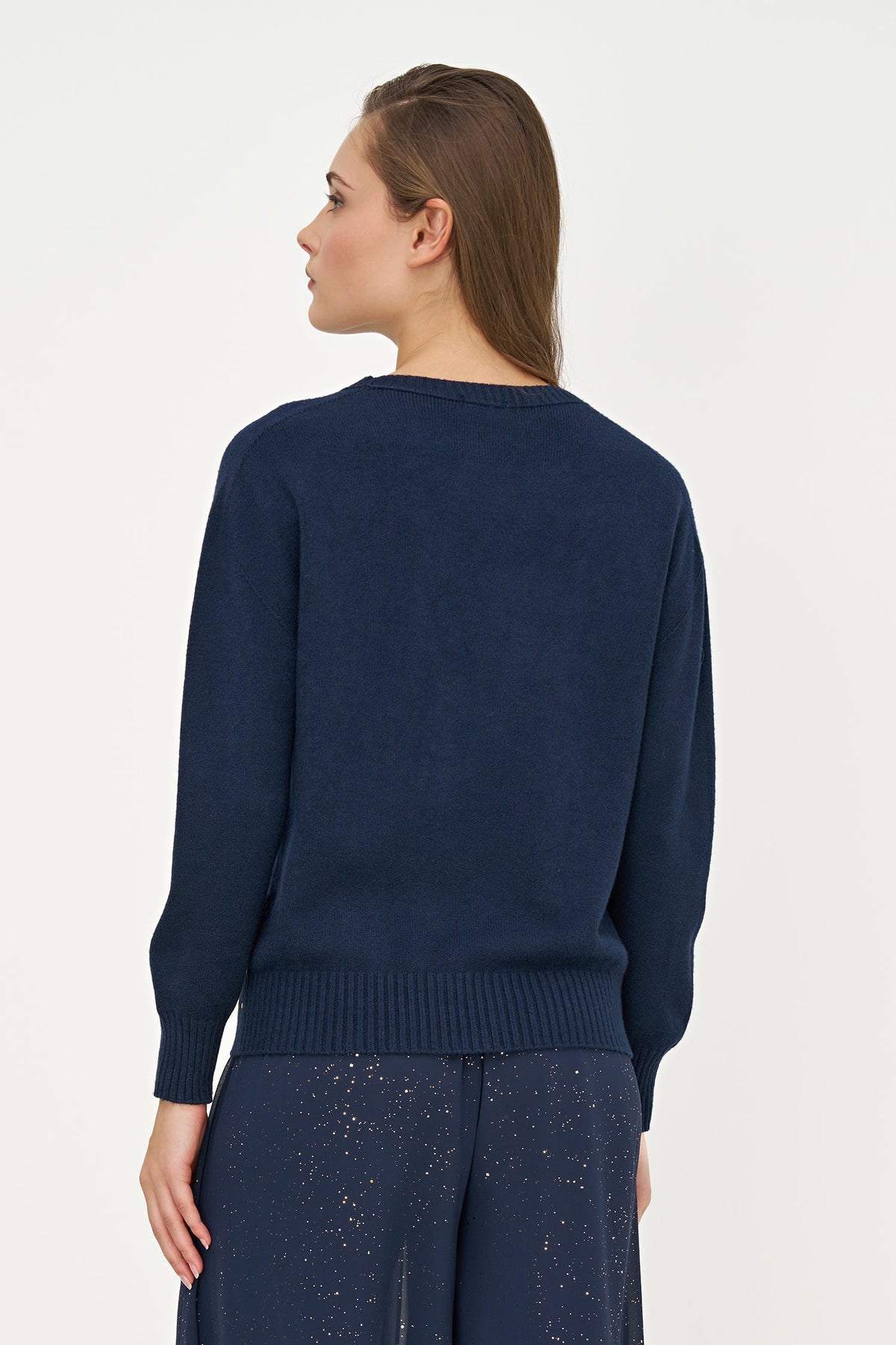 Women's Foil Polka-Dot Knit V-Neck Sweater with Long Sleeves