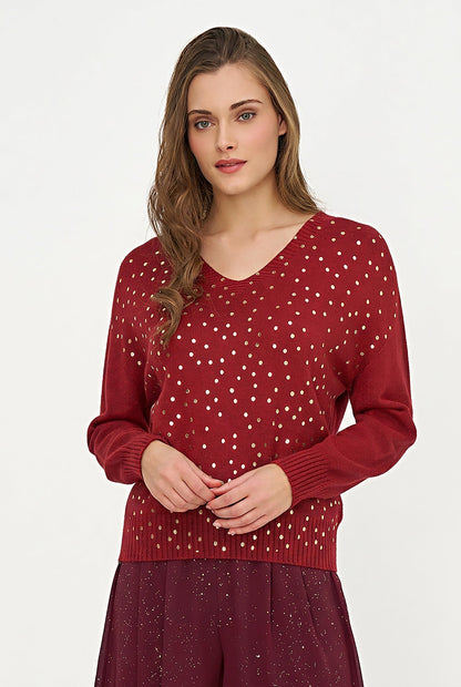 Women's Foil Polka-Dot Knit V-Neck Sweater with Long Sleeves