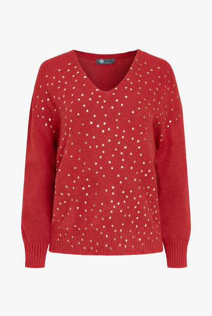 Women's Foil Polka-Dot Knit V-Neck Sweater with Long Sleeves