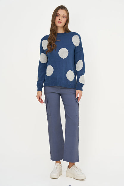Women's Knit Polka-Dot Color-Block Crew-Neck Sweater with Long Sleeves