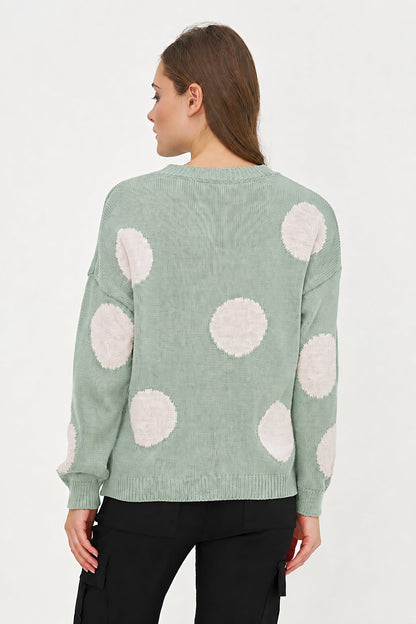 Women's Knit Polka-Dot Color-Block Crew-Neck Sweater with Long Sleeves