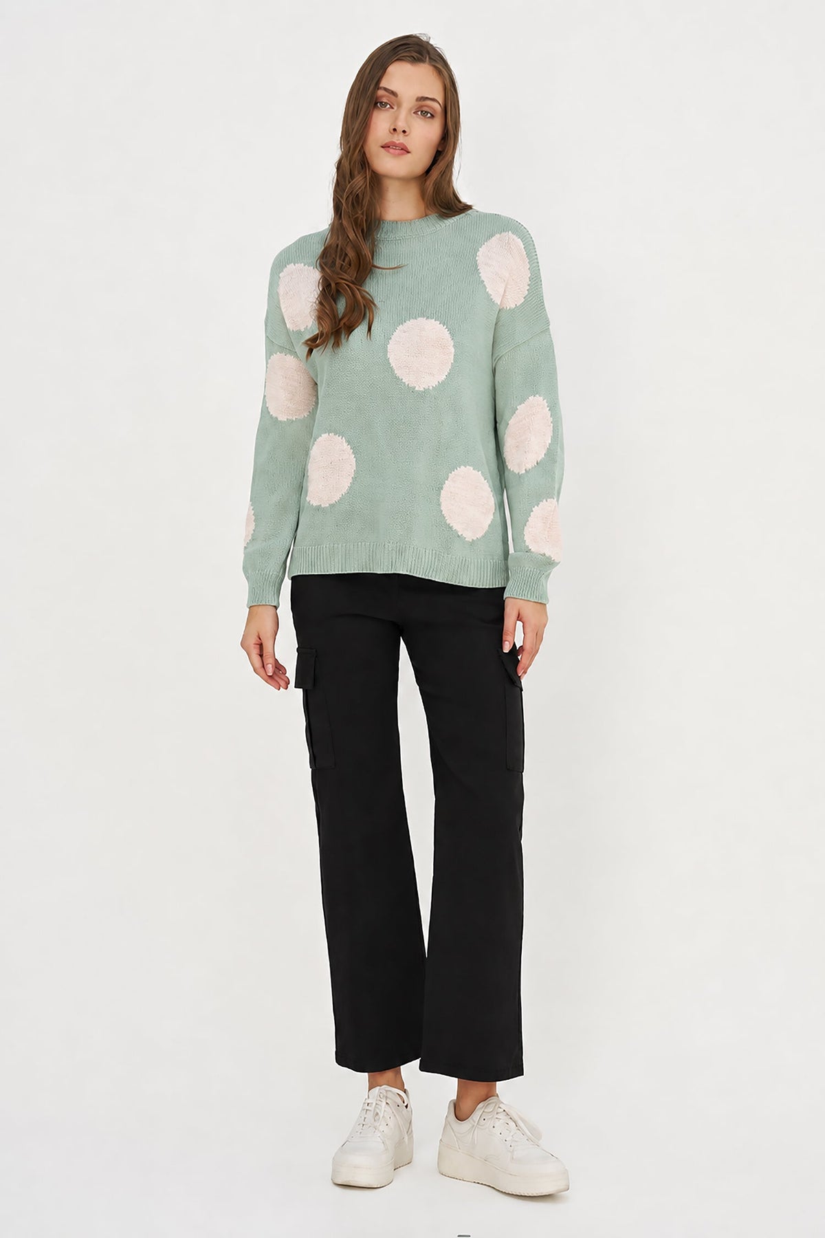 Women's Knit Polka-Dot Color-Block Crew-Neck Sweater with Long Sleeves