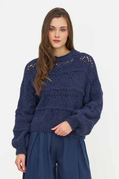 Women's Open-Crochet Crew-Neck Sweater