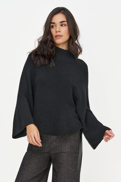 Women's Oversized Rib-Knit Mock-Neck Sweater with Scooped Hem