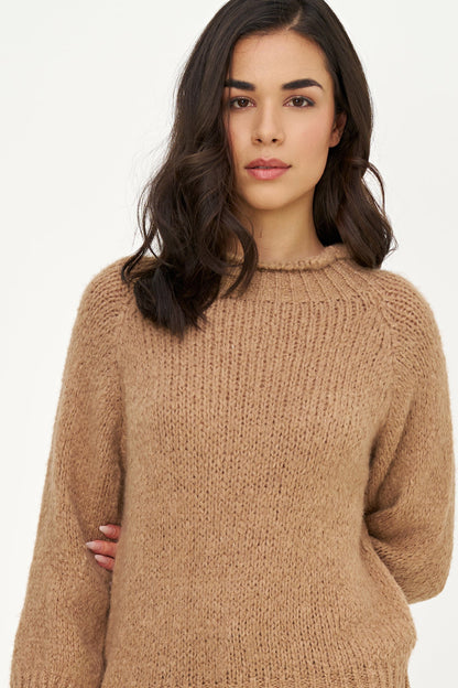Women's Knit Sweater with Long Raglan Sleeves & Rolled Mock Neck