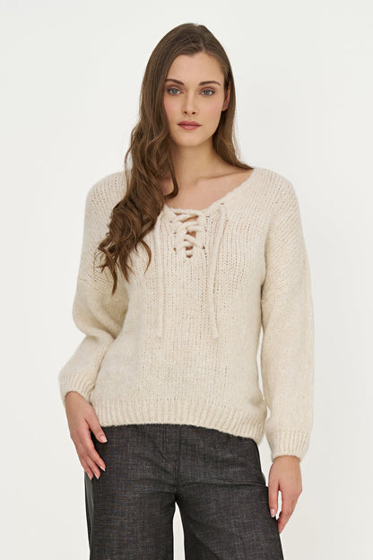 Women's Knit V-Neck Sweater, Long Sleeves & Cord Tie at Collar