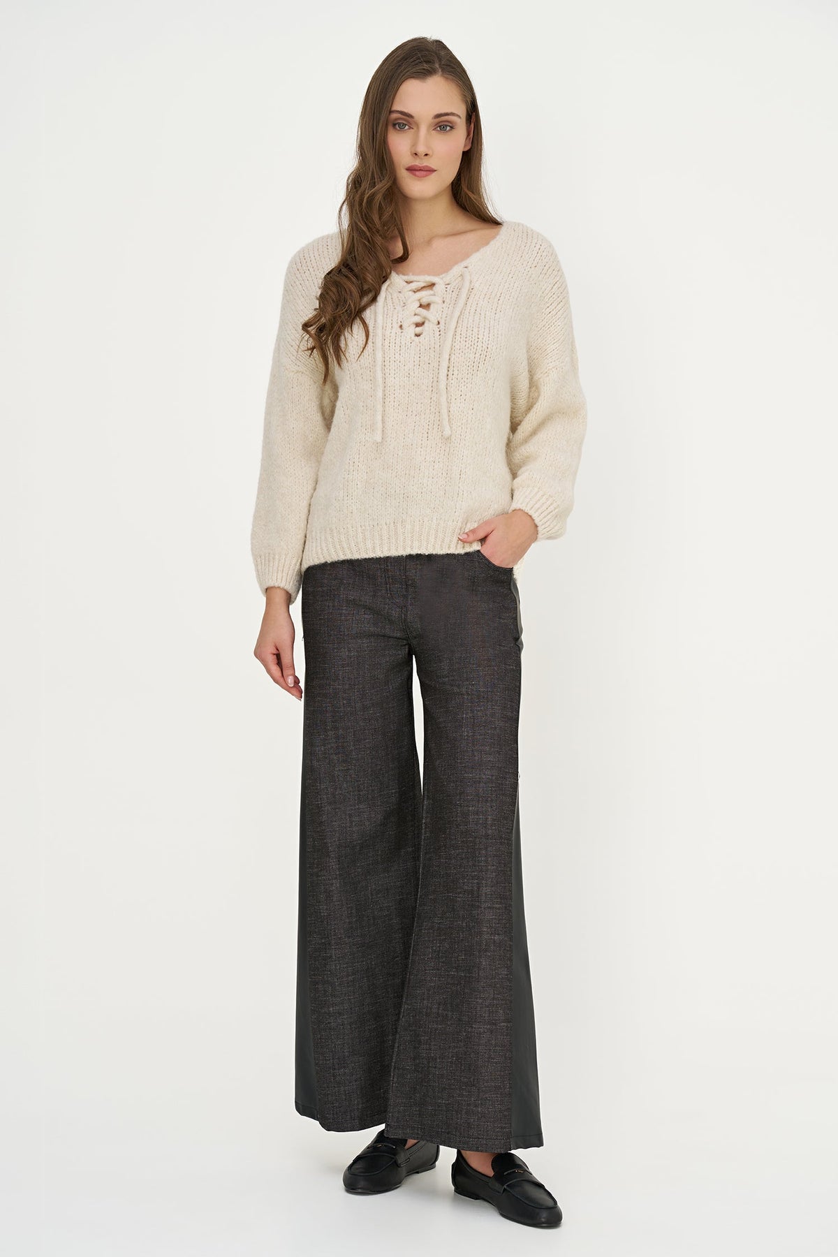 Women's Knit V-Neck Sweater, Long Sleeves & Cord Tie at Collar