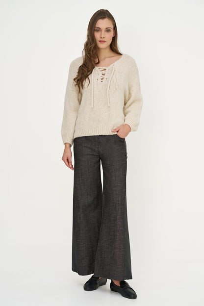 Women's Knit V-Neck Sweater, Long Sleeves & Cord Tie at Collar