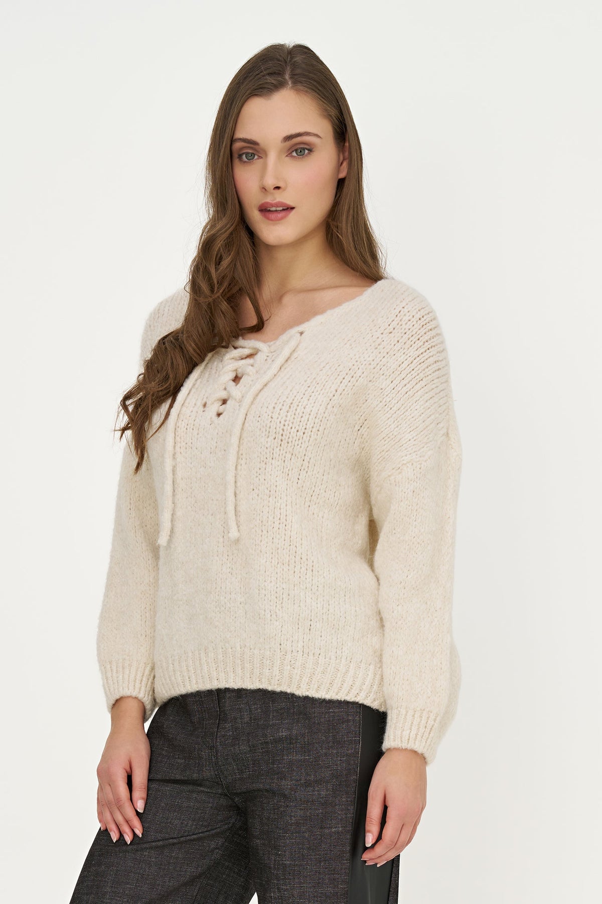 Women's Knit V-Neck Sweater, Long Sleeves & Cord Tie at Collar