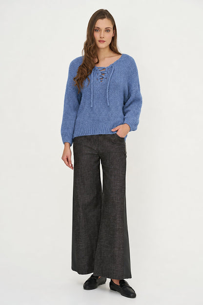 Women's Knit V-Neck Sweater, Long Sleeves & Cord Tie at Collar