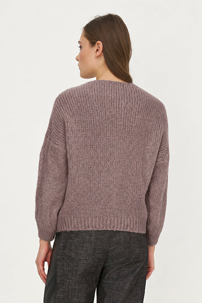 Women's Knit V-Neck Sweater, Long Sleeves & Cord Tie at Collar