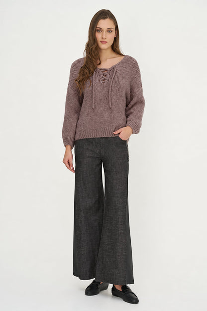 Women's Knit V-Neck Sweater, Long Sleeves & Cord Tie at Collar