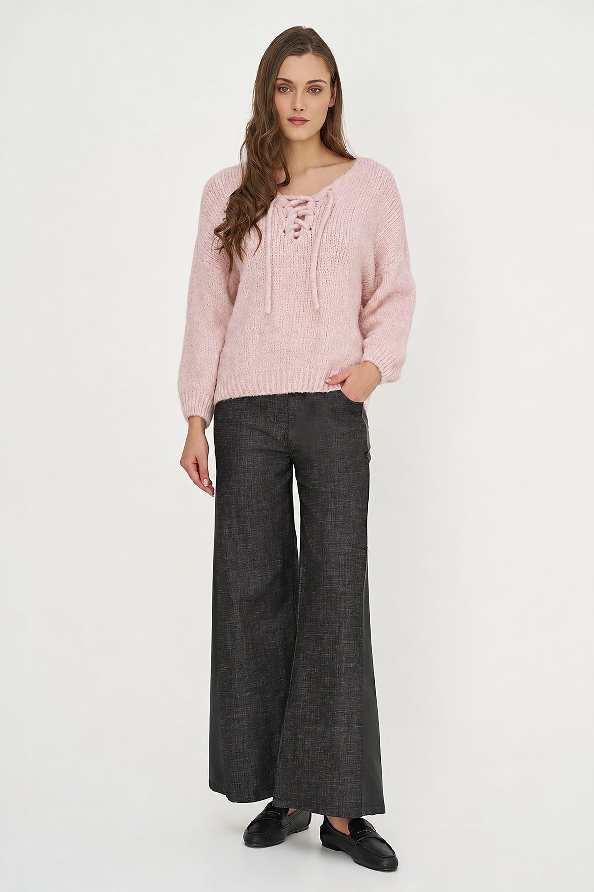 Women's Knit V-Neck Sweater, Long Sleeves & Cord Tie at Collar