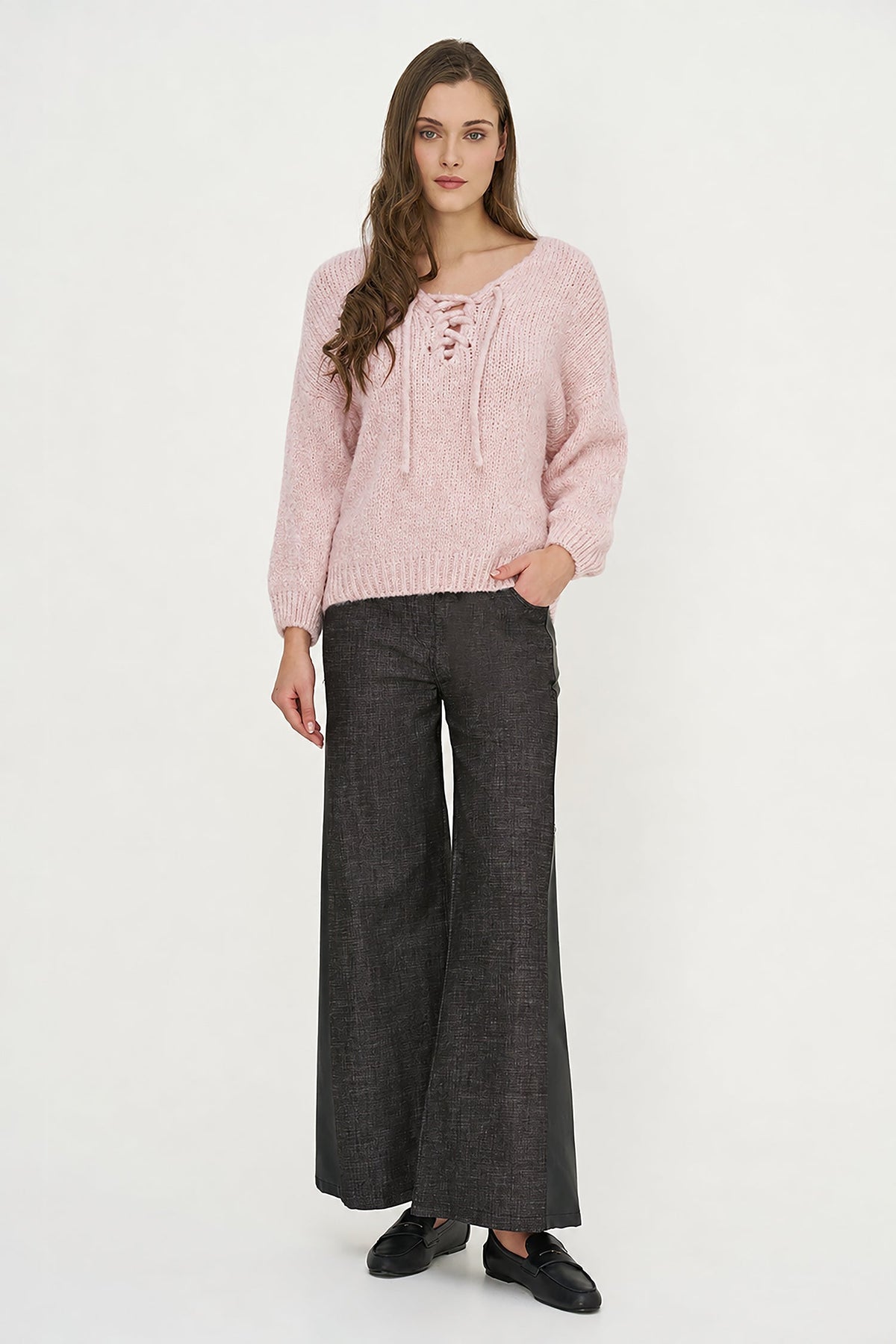 Women's Knit V-Neck Sweater, Long Sleeves & Cord Tie at Collar