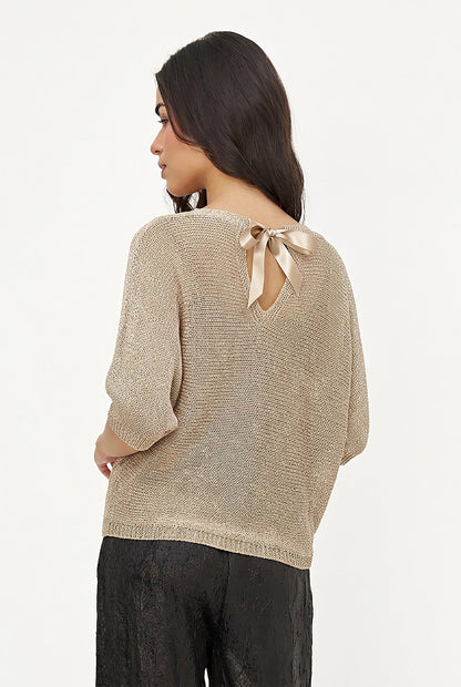 Women's Lurex Knit Boat-Neck Sweater, 3/4 Sleeves & Satin Back Bow