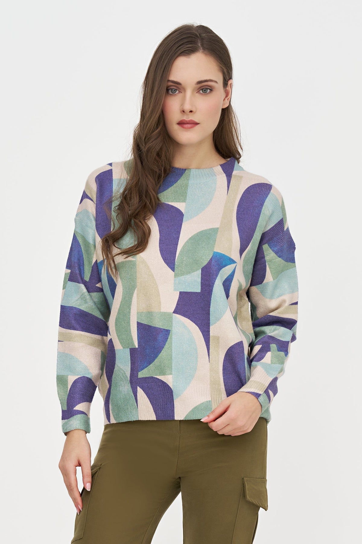 Women's Printed Knit Crew-Neck Sweater with Lurex Shimmer
