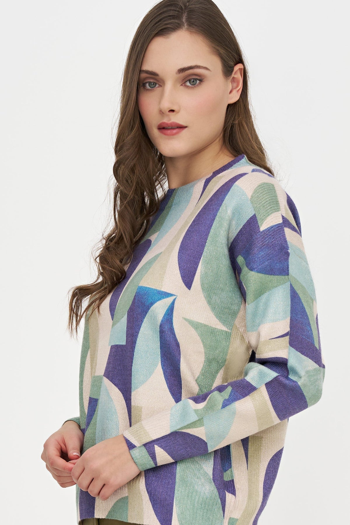 Women's Printed Knit Crew-Neck Sweater with Lurex Shimmer