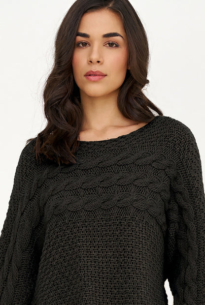 Women's Cable-Knit Scoop-Neck Sweater, Cuffed Sleeves & High-Low Hem