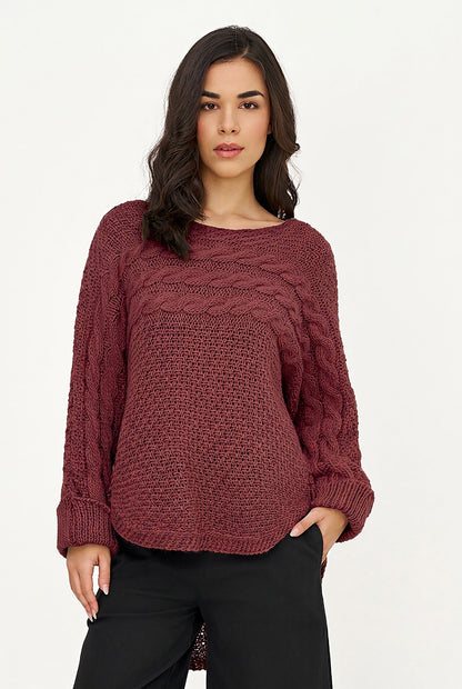 Women's Cable-Knit Scoop-Neck Sweater, Cuffed Sleeves & High-Low Hem
