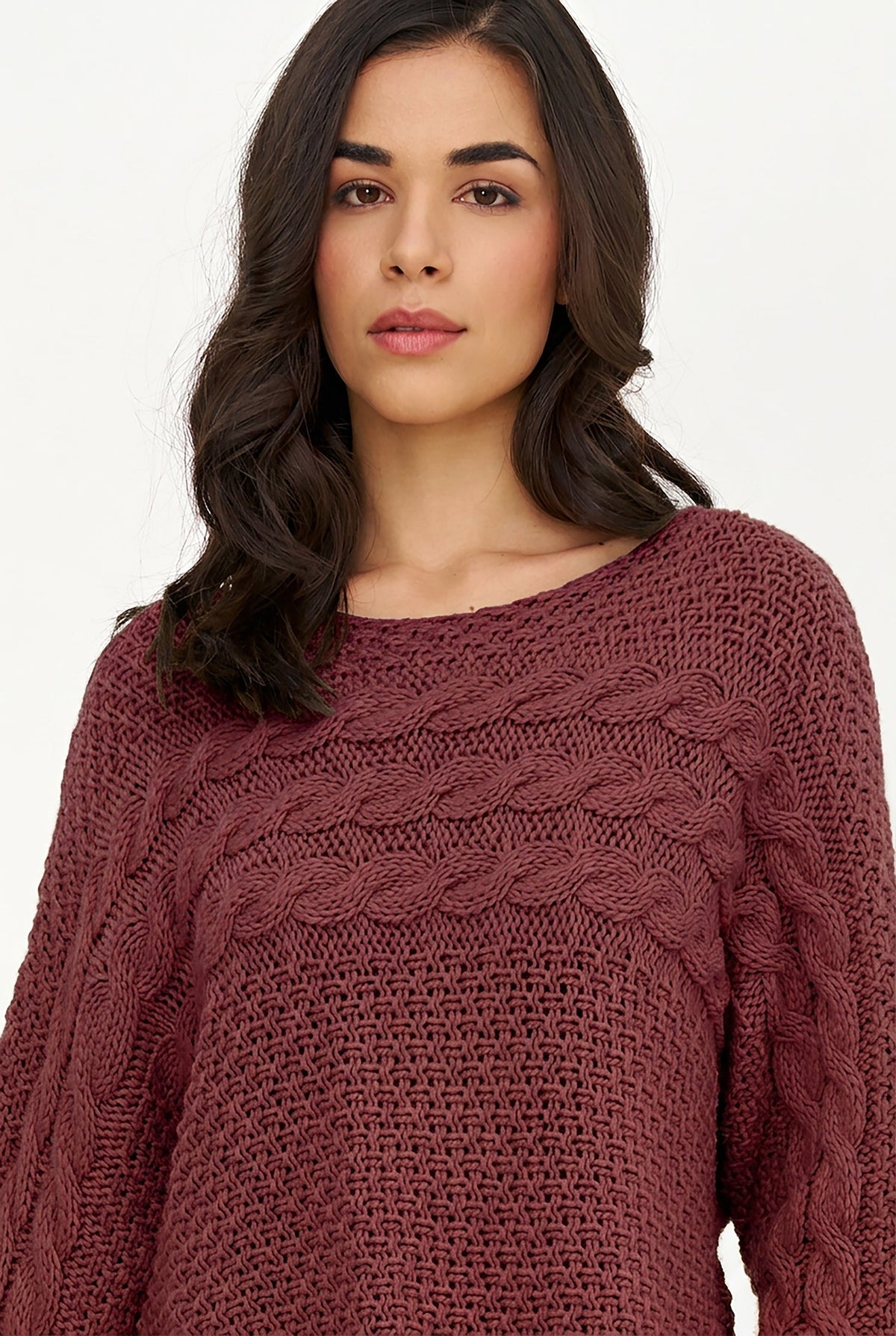 Women's Cable-Knit Scoop-Neck Sweater, Cuffed Sleeves & High-Low Hem