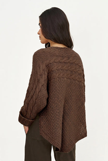 Women's Cable-Knit Scoop-Neck Sweater, Cuffed Sleeves & High-Low Hem
