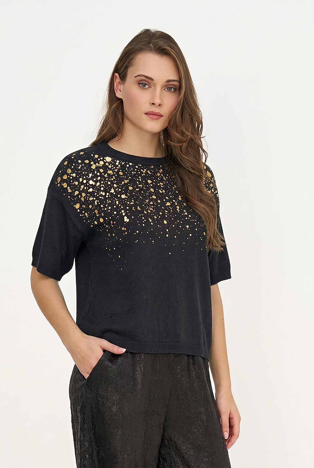 Women's Foil Polka-Dot Wide Crew-Neck Sweater, Elbow-Length Sleeves