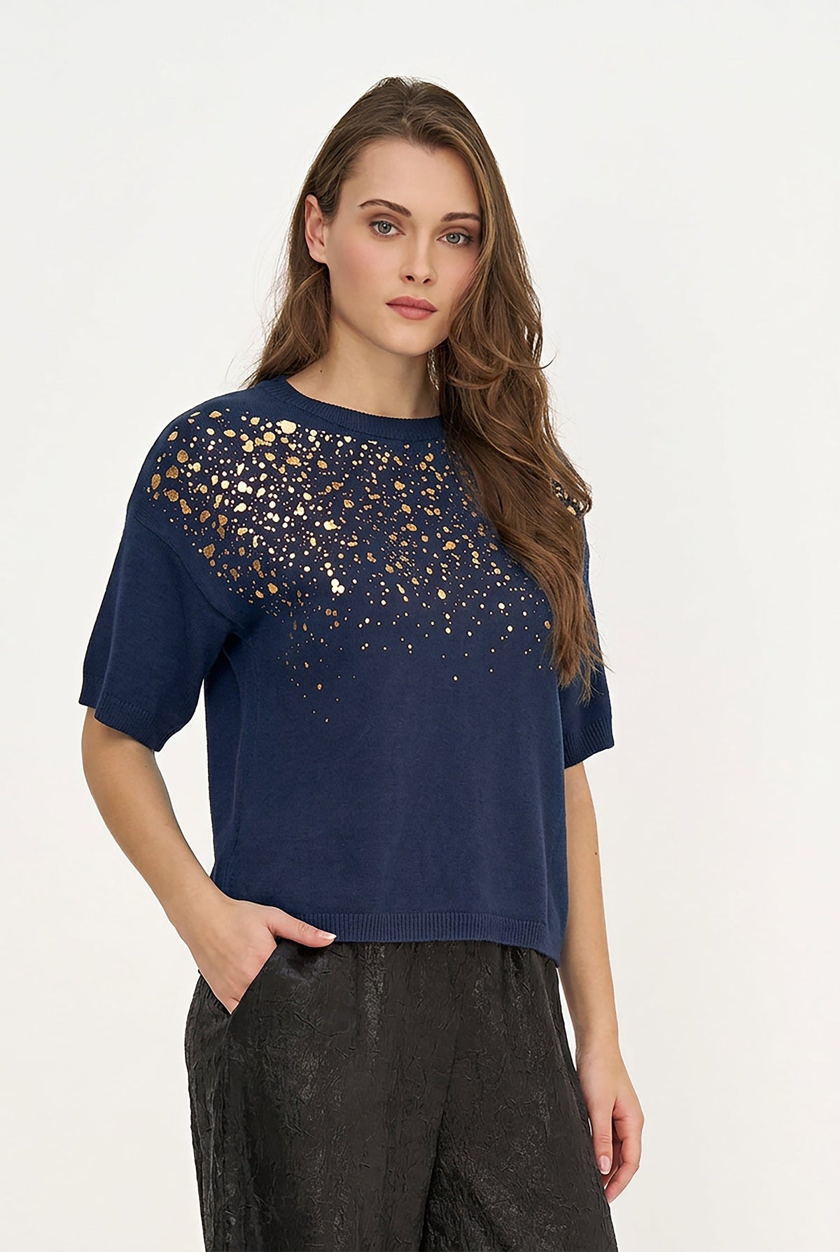 Women's Foil Polka-Dot Wide Crew-Neck Sweater, Elbow-Length Sleeves